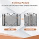 3-panel freestanding fireplace screen in open and folded states, featuring a sturdy steel frame and decorative.